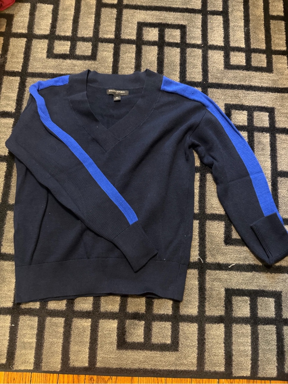 Bana republic Men's Navy V-Neck Sweater with Bright Blue Sleeve Stripe